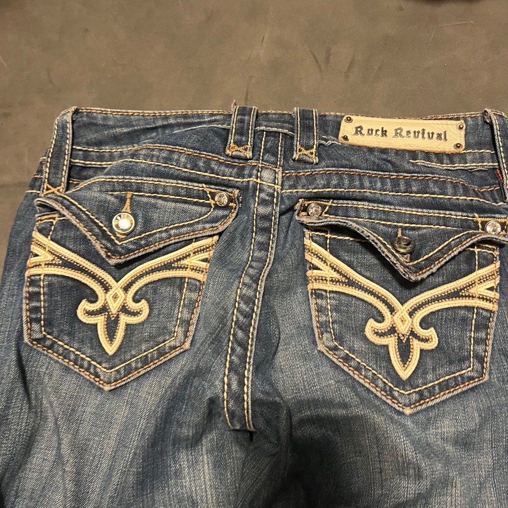 Rock Revival Jamie Bootcut Jeans Womens 27 Blue Rhinestone Flap Pocket - Picture 13 of 13